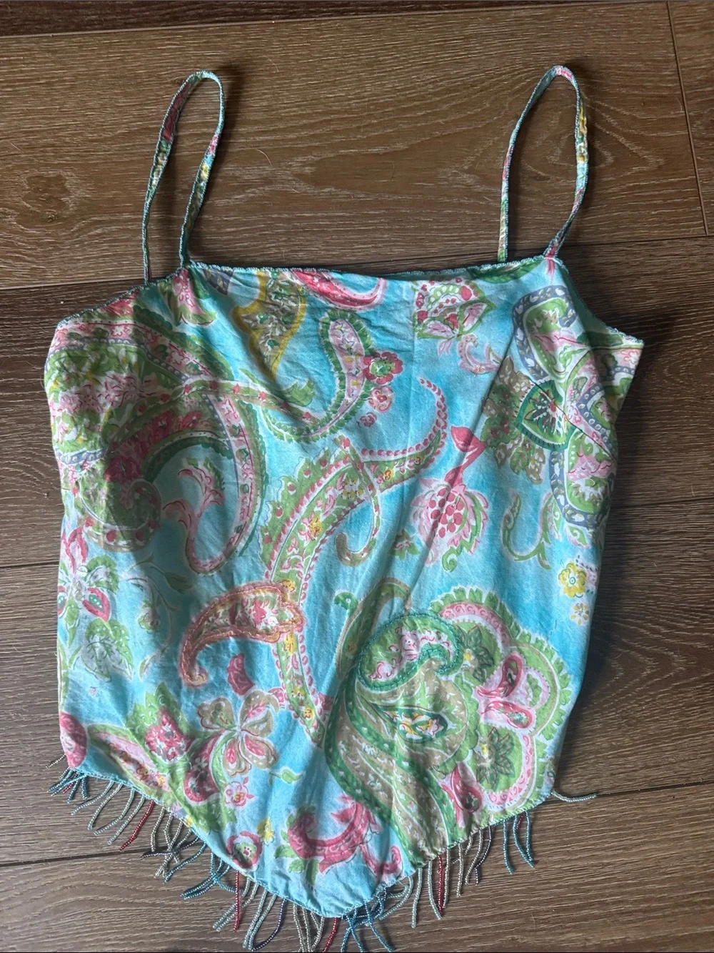 Vintage Turquoise Paisley Two-Piece Set - Fringe Crop Top & Wrap Skirt